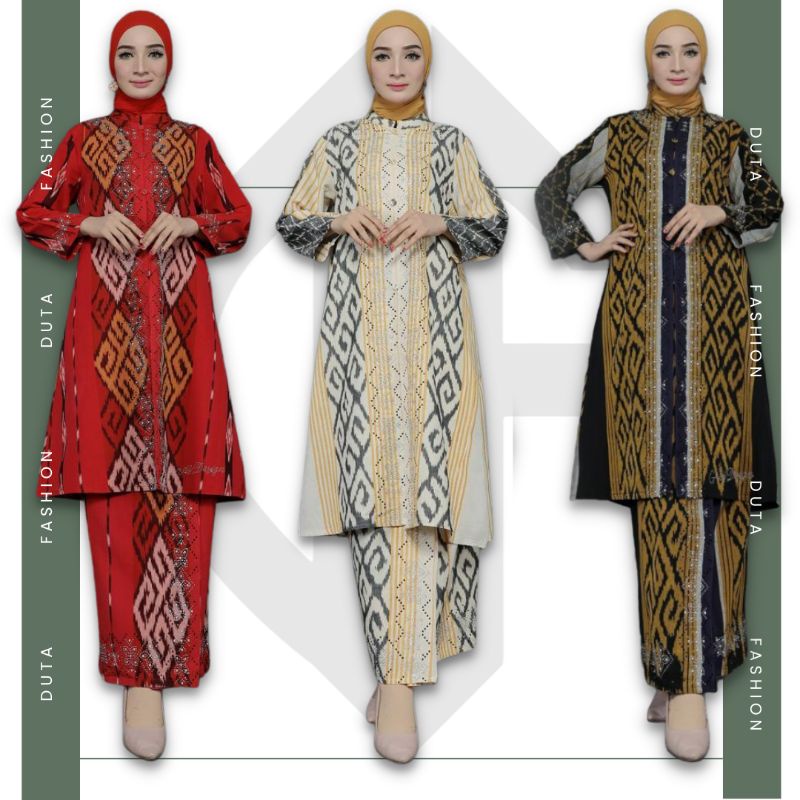Setelan Tenun Batik Wanita Set Rok Tunik Kancing Depan Bahan Tenun Ikat Mix Payet Setelan Batik Wani