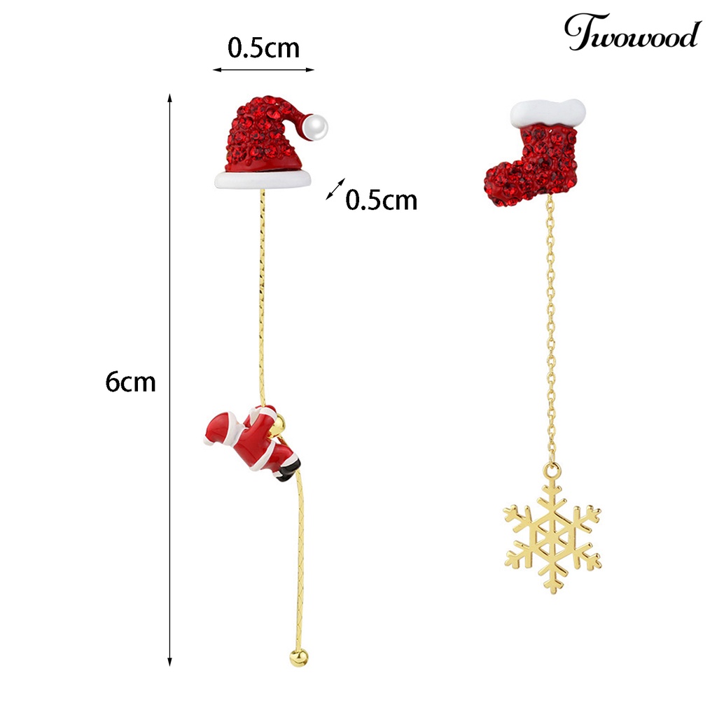 1 Pasang Anting Rantai Rumbai Panjang Asimetris Desain Santa Claus Snowflake Bell Drop Untuk Hadiah Natal