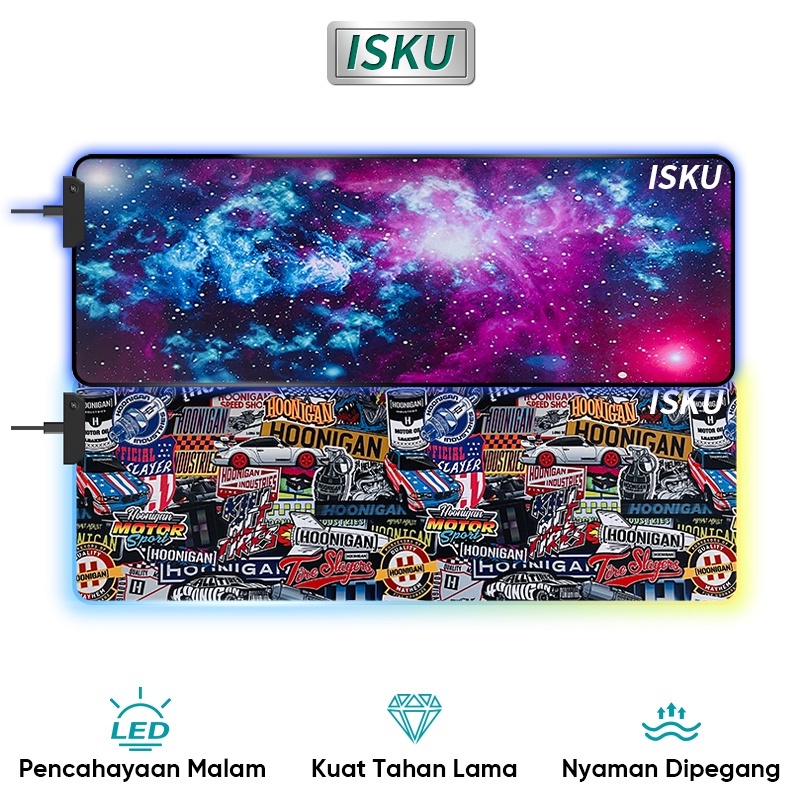 ISKU Mouse Pad Gaming RGB XL LED Glowing High Precision Jumbo Mousepad Besar USB Cable