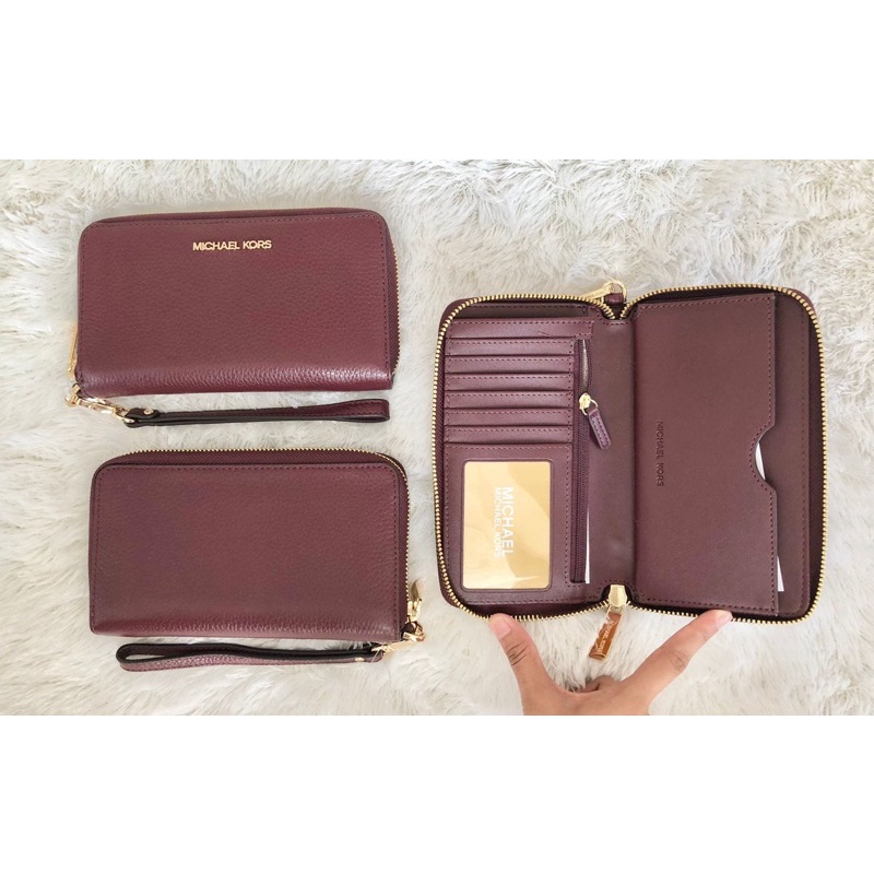Dompet MK jet set large multifunction phone case leather merlot