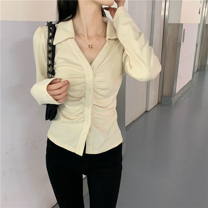 Red Ukuran Besar Gemuk Mm Bahu Depan Polo Shirt Wanita Musim Gugur Murni Keinginan Desain Kemeja Lengan Panjang Lipit Pinggang Atas Tipis