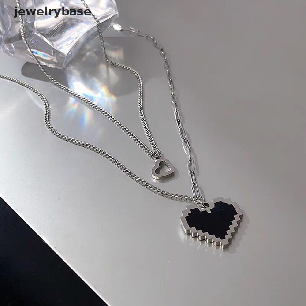 Kalung Double Layer Bentuk Hati Hollow Mosaik Warna Hitam Gaya Punk