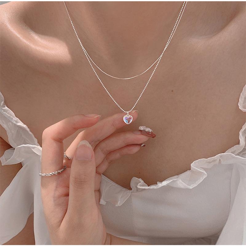 We Flower Korea Double Layered Glossy Moonstone Heart Pendant Necklace Untuk Wanita Gadis Elegan Perak Tipis Rantai Kalung Engagment Pesta Perhiasan Hadiah