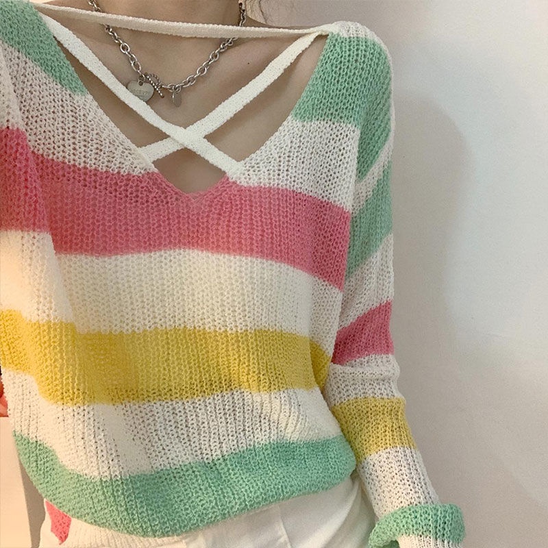 Musim Semi dan Musim Gugur 2022 Desain Retro Baru Rasa V-Leher Palang Pusar Warna Rajutan Sweater Lengan Panjang Pendek Wanita Pasang Atas