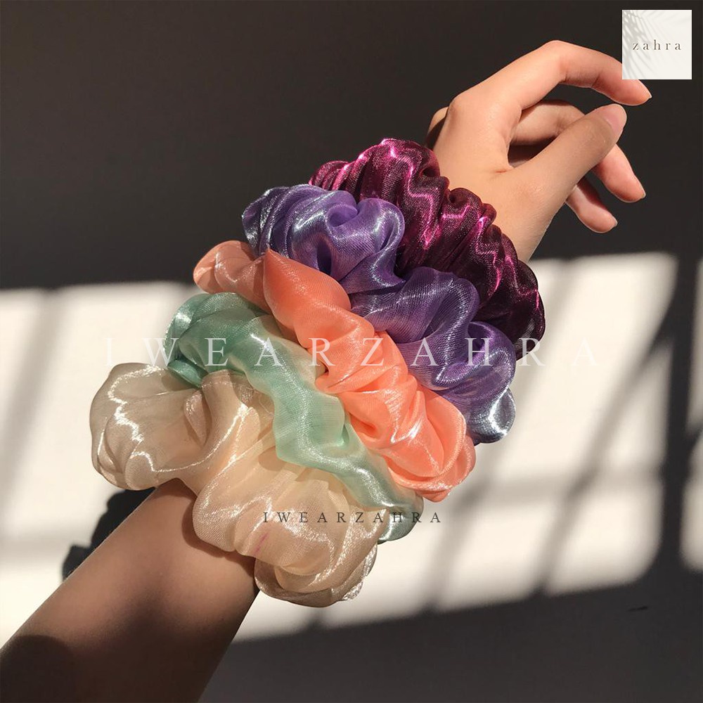 [ GROSIR 100 PCS ] SCRUNCHIE ORGANZA JEPANG - Cepol Hijab Ikat Rambut Cemol Jilbab Iketan Karet Iket Satin Murah Kuncir