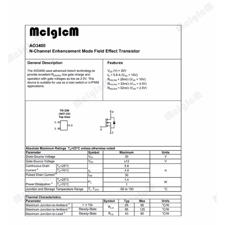 AO3400 AO3400A mark A09T N Channel 30V 5.7A SMD MOSFET Transistor