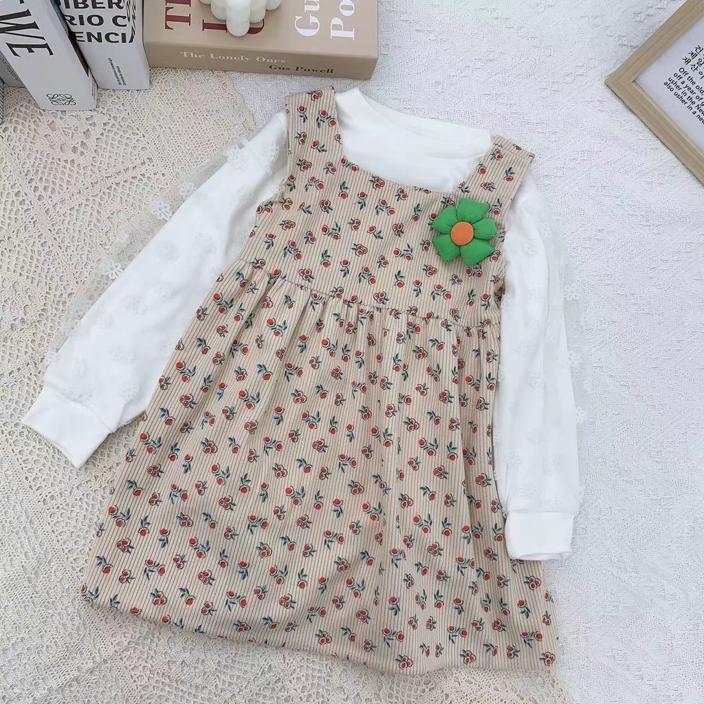 【Baru Datang】(0-4 Tahun )QZ-105 Dress Anak Cewek premium + Baju Lengan Panjang Motif Cherry TERMURAH