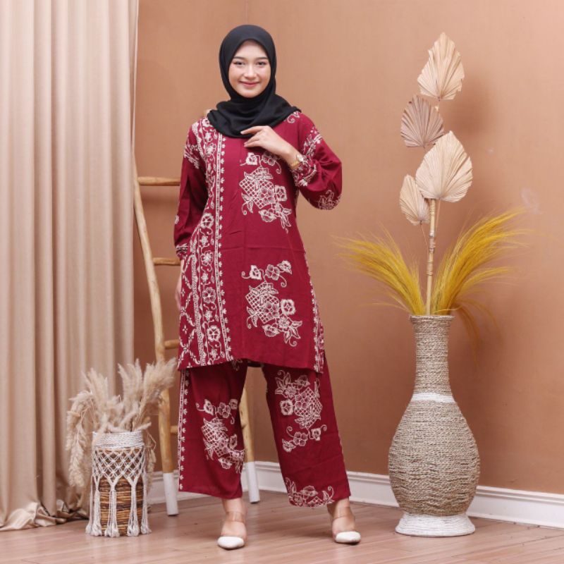 Setelan Jumbo Tunik Rayon Premium Busui Resleting Depan Piyama Kekinian One Set Terbaru Termurah