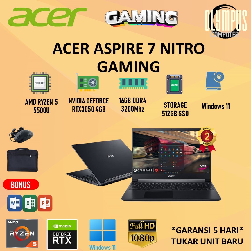 Laptop Acer Aspire 7 Nitro Gaming A715 RTX3050 Ryzen 5 5500U 16GB 512SSD IPS
