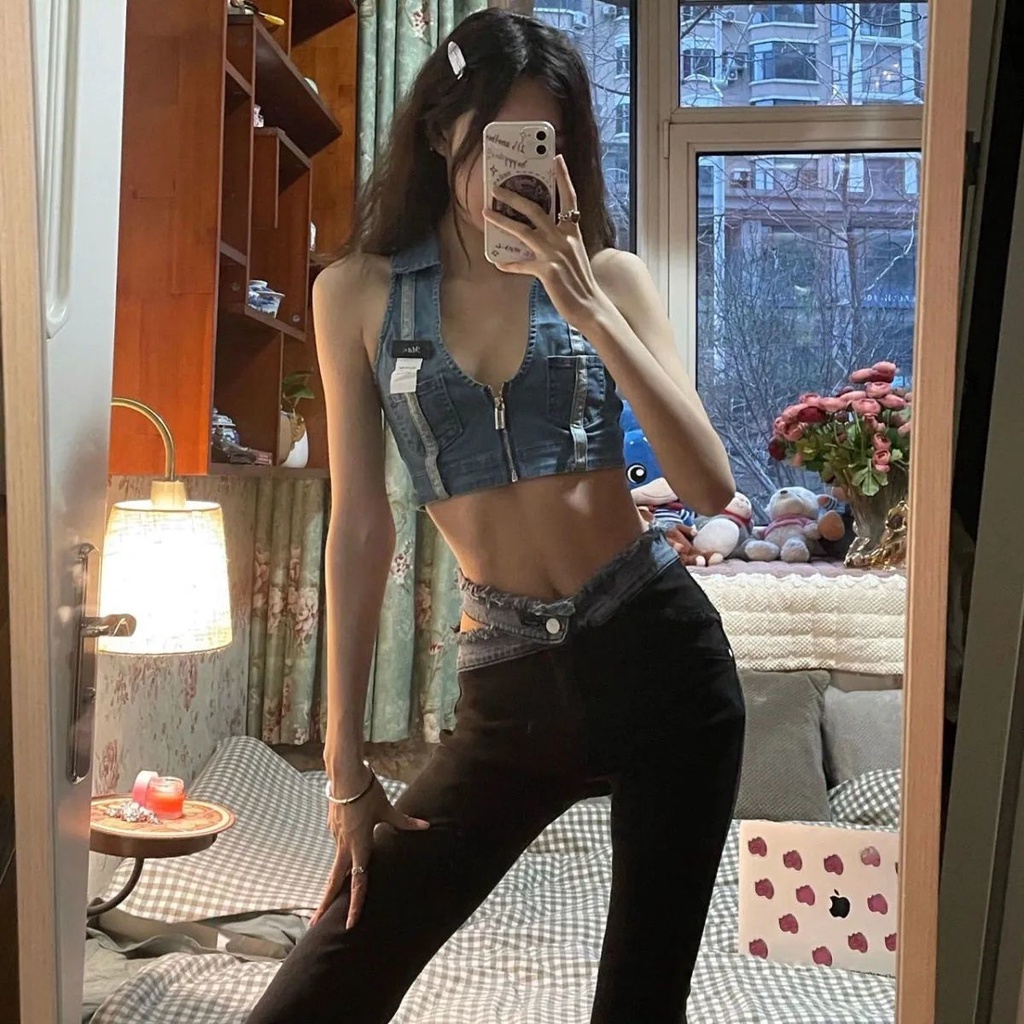 Suhao Spice Girls High Waist Micro Flared Jeans Wanita Akal Desain Niche Musim Gugur 2022 Baru Hitam Horseshoe Celana Ins