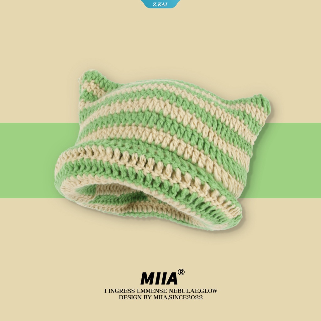Topi Rajut Bahan Wol Motif Garis Aksen Telinga Kucing Gaya Kasual Untuk Wanita