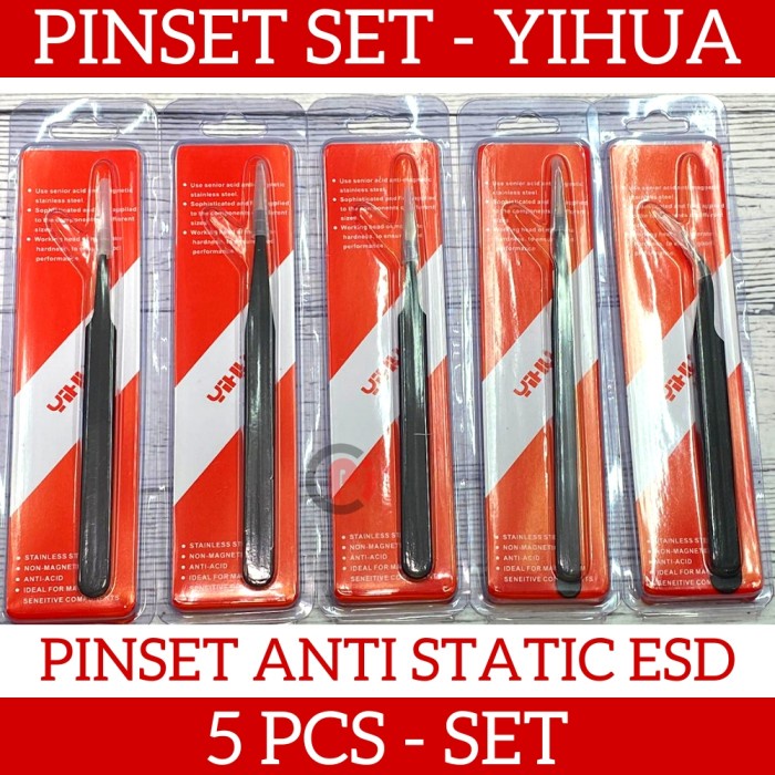 YIHUA Pinset SMD Set 5 in 1 Anti Static ESD Bengkok Lurus Panjang Flat