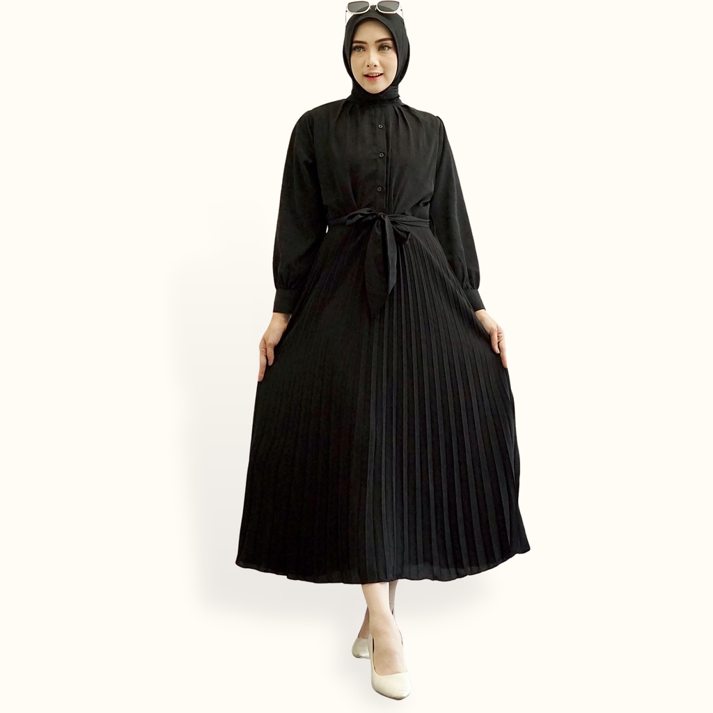 Long Dress gamis muslim maxi ploi plisket lengan panjang wanita - XSHOP Peacce