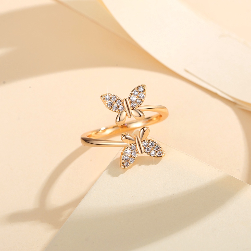 Y776 【COD】 Cincin Kupu-kupu Terbuka Berlian Berlapis Emas Titanium Tahan Pudar yang Dicuci