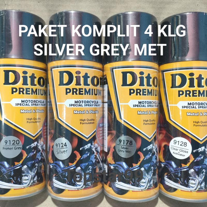 Pilok Cat Diton Premium Paket Lengkap 4 Kaleng Silver Grey Met Abu Abu Metalik 9178 Primer Grey 9120 Silver 9124 Clear Gloss 9128 400cc Pilox Paketan Cat Semprot Special Spray Paint