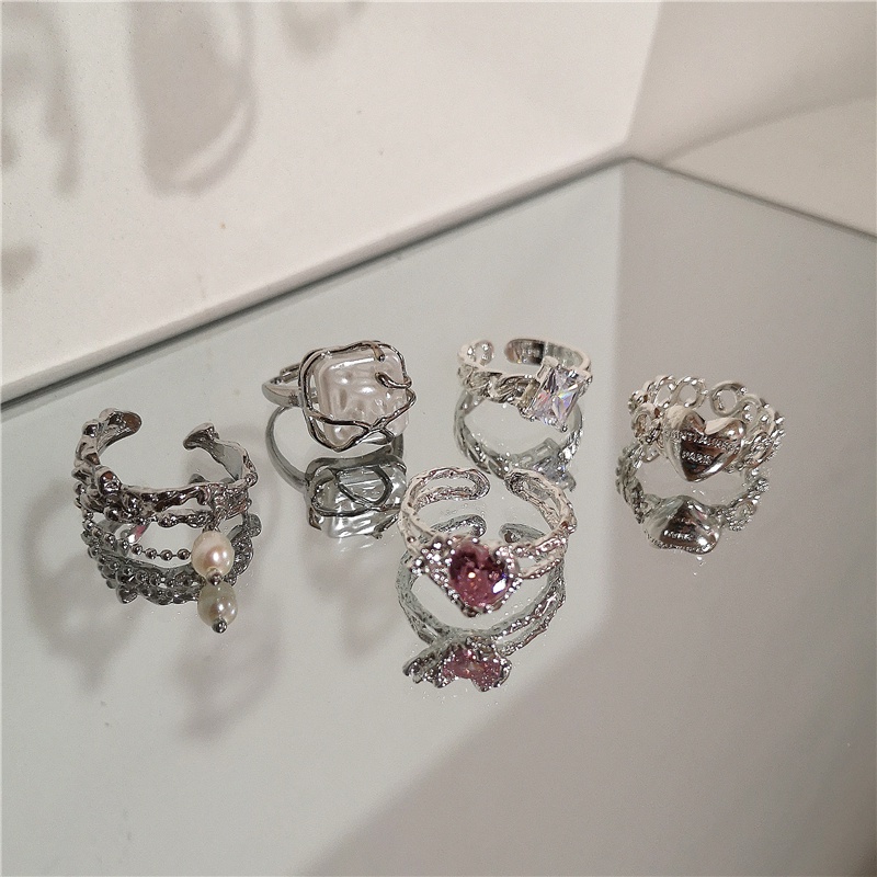 Set Perhiasan Cincin Adjustable Aksen Mutiara Kristal Opal Warna Silver Untuk Wanita
