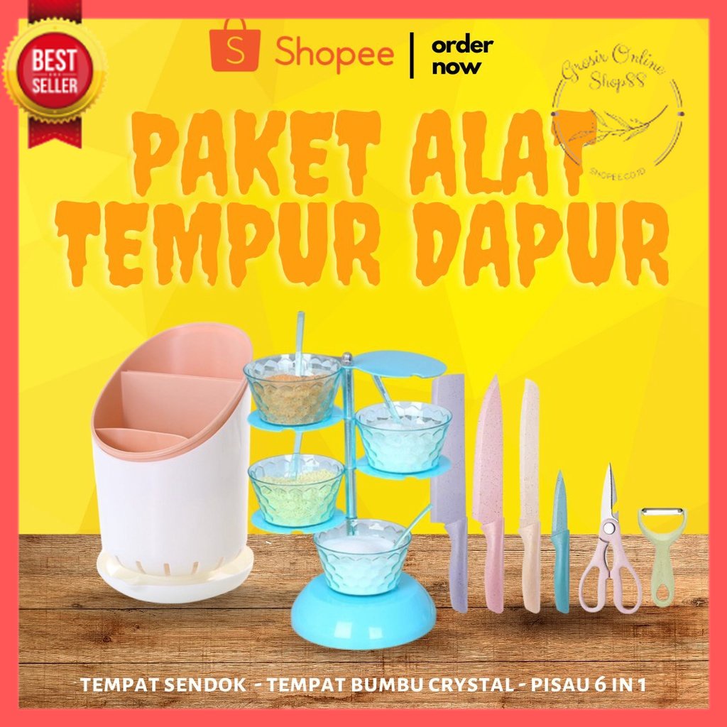 GOS - [PAKET ALAT TEMPUR DAPUR] PISAU 6 IN 1 + TEMPAT SENDOK + TEMPAT BUMBU CRYSTAL