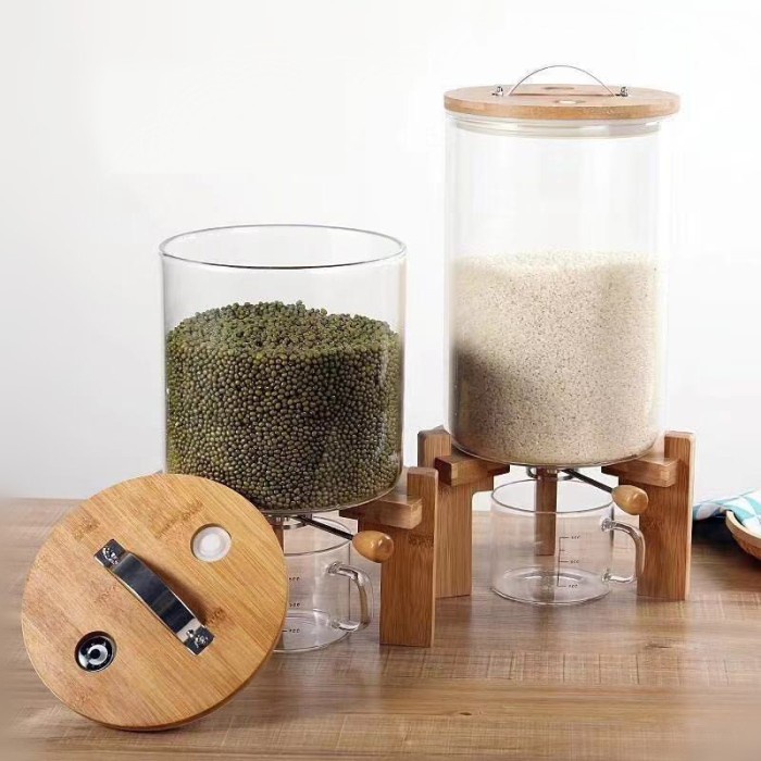 Storage Wooden Rice Dispenser Dispenser Beras Kaca Mewah Korean Style 7L 5L