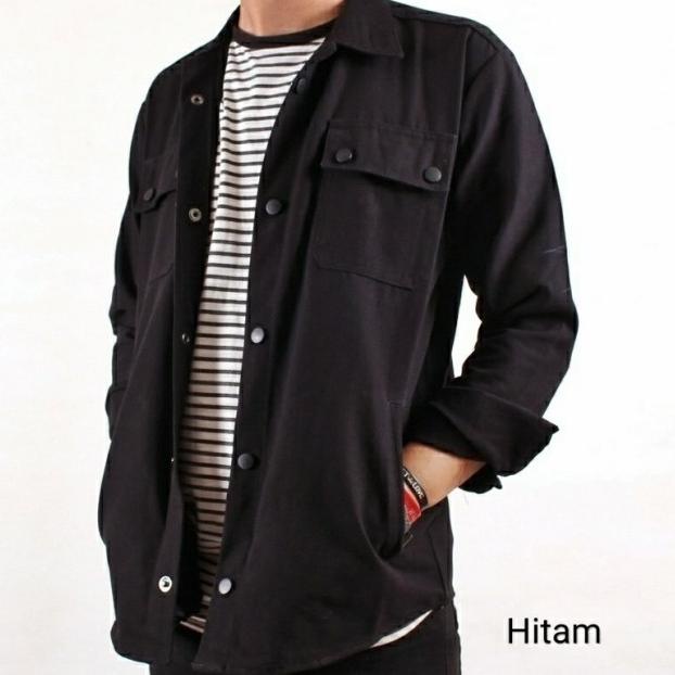 jaket semi parka pria kemeja semi parka jaket kanvas jaket casual - Hitam, Semi Parka M