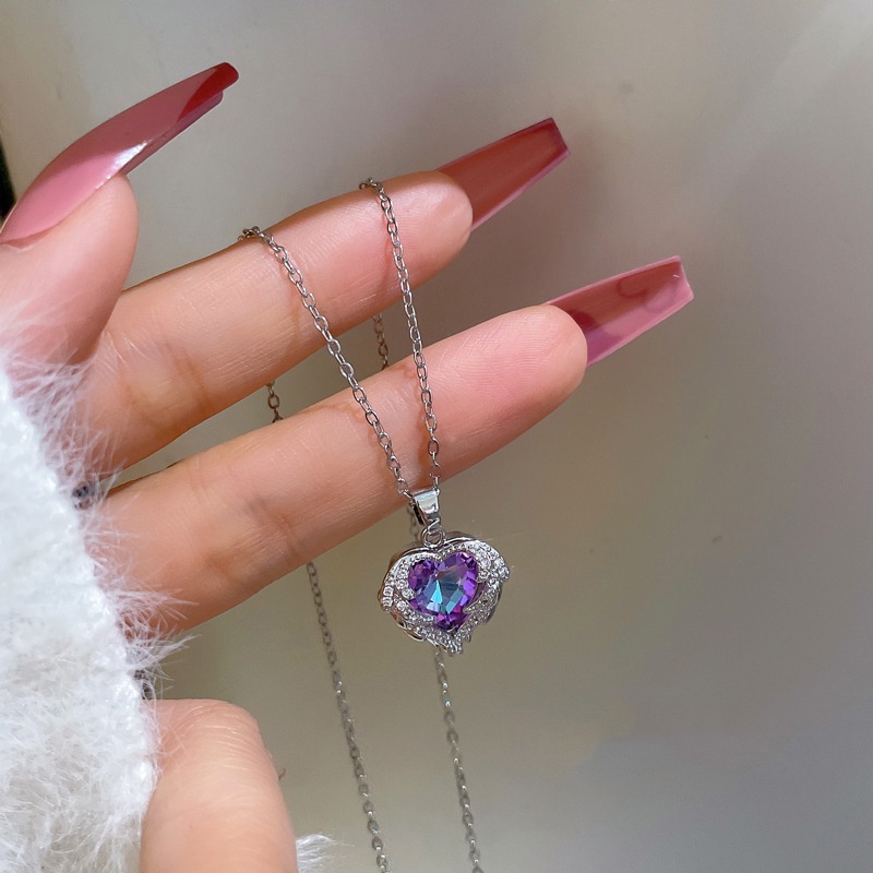 Kalung Rantai Klavikula Desain Hati Sayap Biru Bahan Titanium Steel Untuk Hadiah Valentine
