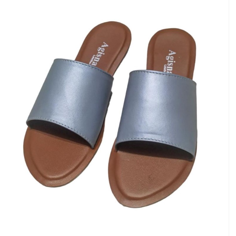 sandal kulit wanita warna silver sandal teplek sandal slop silver kulit sukaregang garut terbaru murah