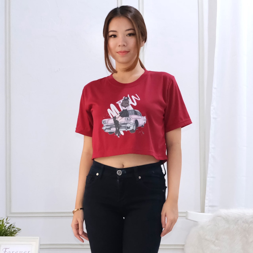 NEW - Kaos Crop Top Wanita Oversize ' Style 'Topi '  Sablon Hitam Lengan Pendek Katun