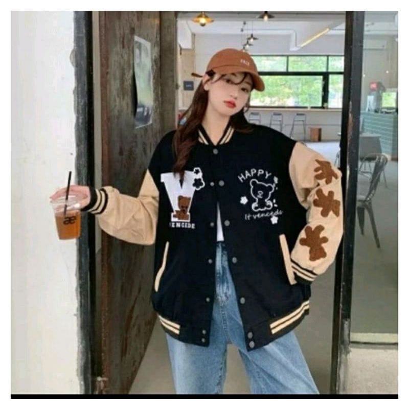 V Happy Baseball Jacket Wanita Oversize | Sweater Jaket Varsity Wanita Kekinian Lucu