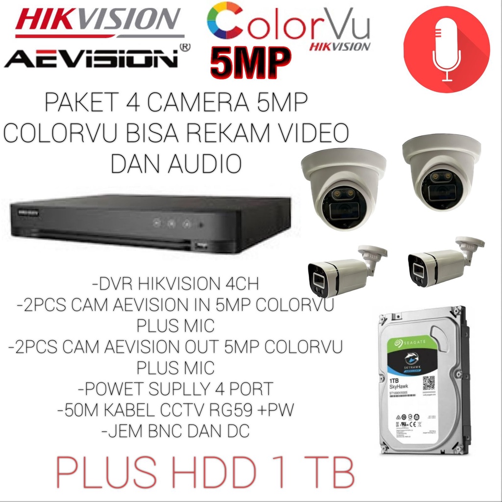 PAKET 4 CAMERA HIKVISION COLORVU 5MP AUDIO BISA REKAM VIDEO AUDIO