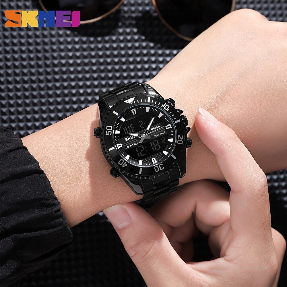 SKMEI Jam Tangan Pria Luxury Stainless Steel Wristwatch - 1850 - Black/Black