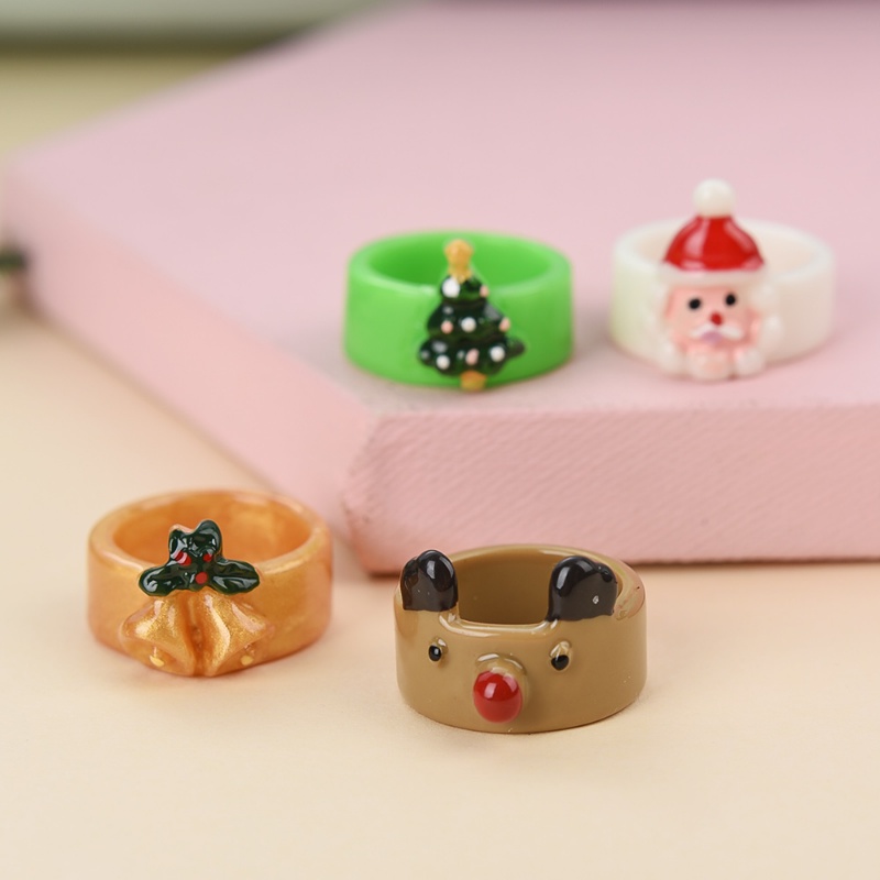 Cincin Desain Kartun Santa Elk Snowman Pohon Natal Bahan Resin Untuk Wanita