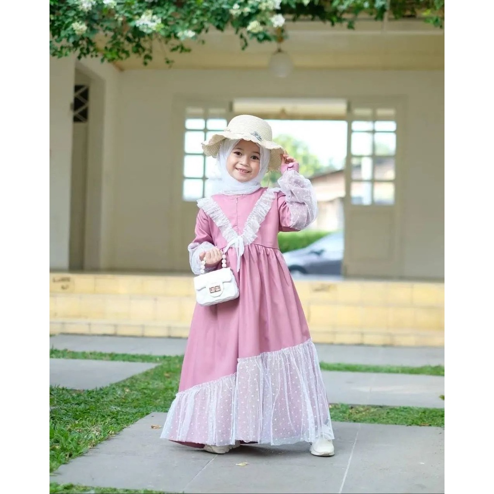 Gamis anak perempuan Alexa kids crinkle Mix tile dot Hijab full crinckle d balut tile dot