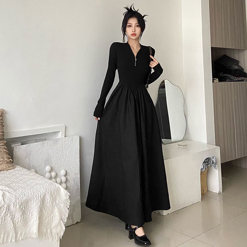 Sancokis dark simple casual all-match slim mid-length skirt temperamen baju longgar penutup daging wanita yang mengurangi usia