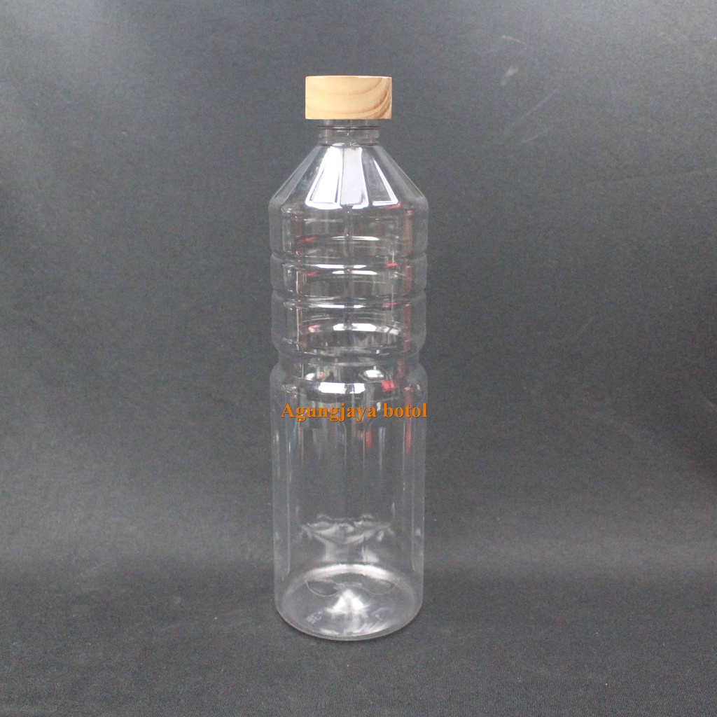 Botol Plastik Minyak Goreng 1000 Ml Bulat Natural Tutup Kayu / Botol Minyak 1 L  / Botol Minyak Gore