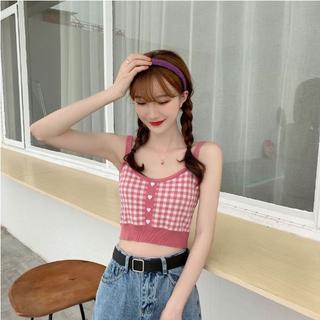 TJM BJ337 TankTop Crop Wanita Motif Kotak - Kotak Korean Square Knit Tanktop Fashion Tanpa Lengan