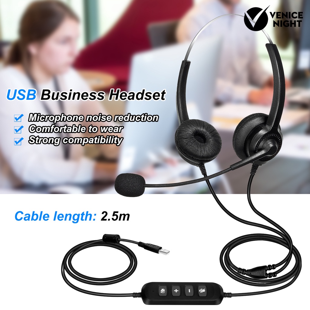 (VNEP) (Berkabel) 300D Telepon Headset Pengurangan Kebisingan Lossless Bernapas USB Binaural MIC Panjang Kabel Call Center Headphone untuk Pengemudi Truk Kantor
