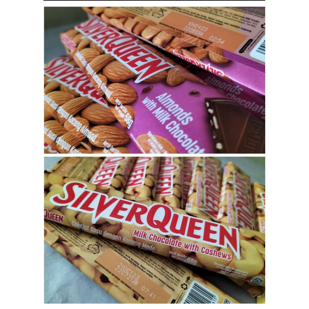 

Cokelat Silverqueen 58 gram almond/mede 1 bok isi 10pcs