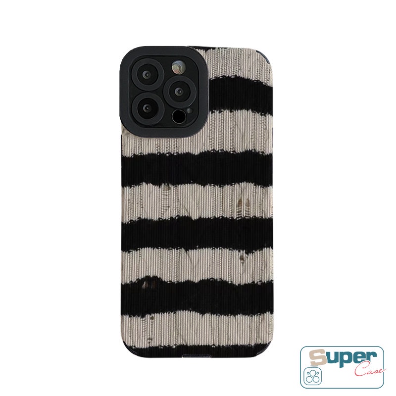 Soft Case Bahan Kulit Tekstur Garis Hitam Putih Gaya Retro Untuk iPhone XR 11 14 13 12 Pro Max X XS Max 7 8 Plus