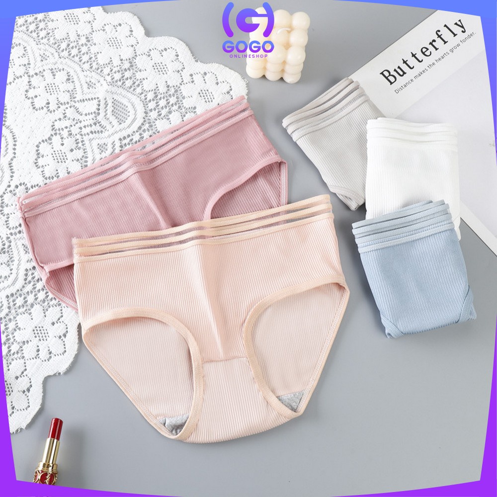 GOGO-P126 Celana Dalam Wanita Cewek Garis Motif Polos Pakaian Dalam Wanita CD Wanita Panties Segitiga Impor