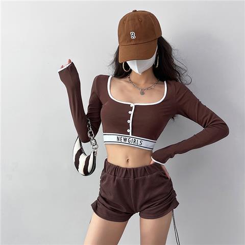 Suhao gadis panas musim semi dan musim gugur kaus ketat lengan panjang ketat wanita pemblokiran warna ultra-pendek bottoming pinggang tinggi pusar atasan olahraga jazz ramping