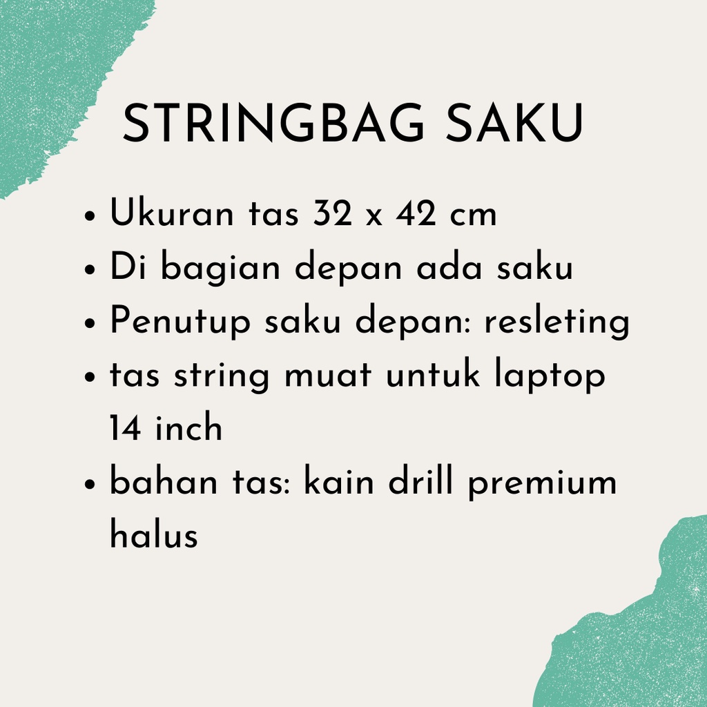 Stringbag Saku kantong depan pocket Drawstring ransel serut bahan kain drill premium || kiiyoomii || gymsack tas sekolah kuliah olahraga futsal