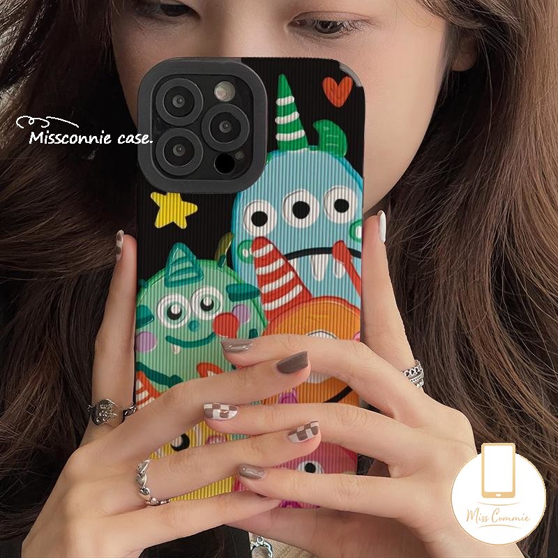 Soft Case Silikon Tekstur Kulit Motif Kartun Monster Kecil Untuk iPhone 11 Pro Max 7 8 Plus XR 12 Pro Max 13 14 Pro Max X XS Max