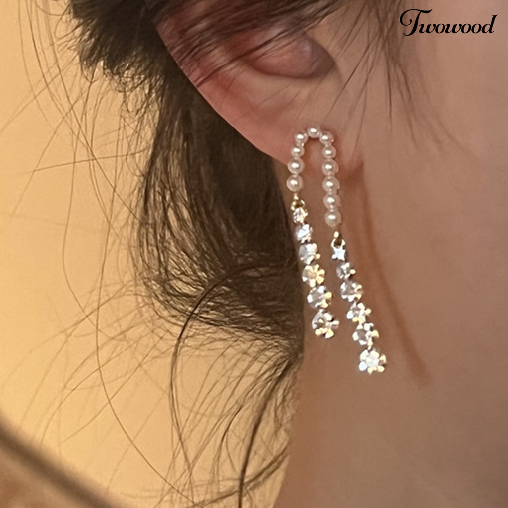 1 Pasang Anting Juntai Panjang Aksen Mutiara Tiruan Bahan Cubic Zirconia Gaya Perancis Untuk Wanita