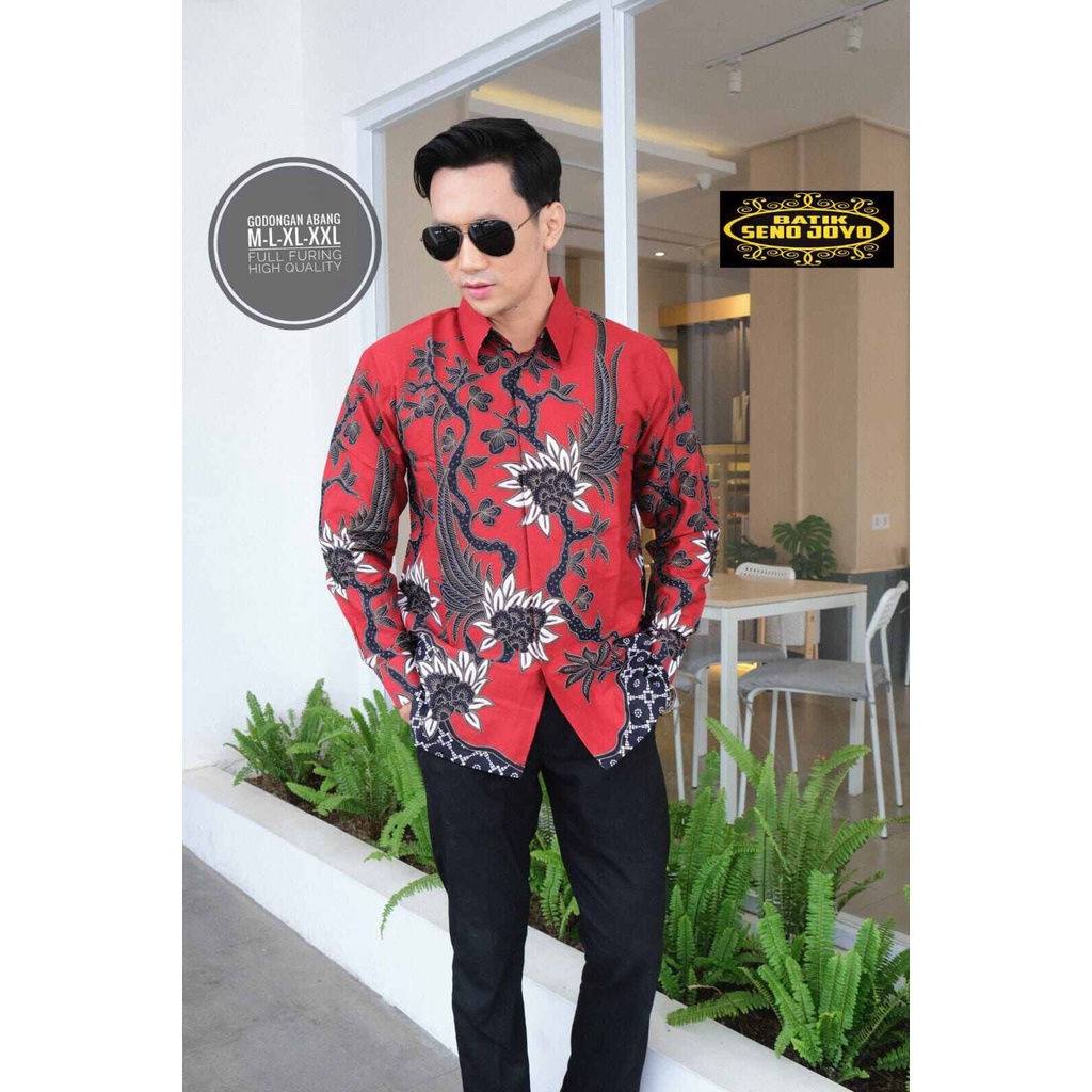 Kemeja batik warna merah terbaru full furing / baju batik pria lengan panjang warna merah terbaru bahan katun premoum solo / batik pesta warna merah terbaru lengan panjang / kemeja batik kerja warna merah premium KEMBANG ABANG