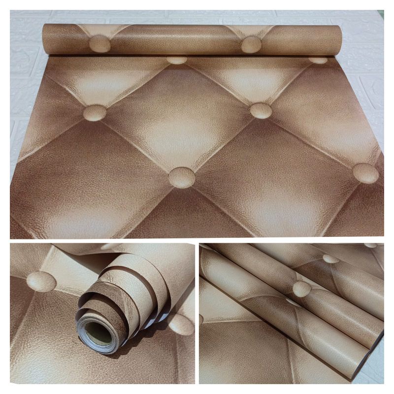 Wallpaper Sticker Dinding Coklat Kulit Sofa 3D Buat Dinding Rumah Ruang Tamu Dan Kamar Tidur Elegan 