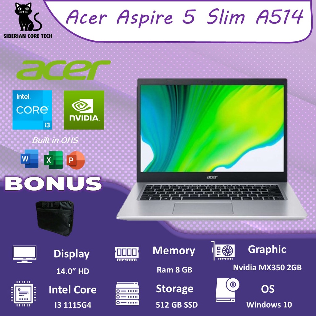 ACER ASPIRE 5 SLIM A514 MX350 2GB/ I3 1115G4 12GB 512GB SSD W11+OHS 14.0 BLK