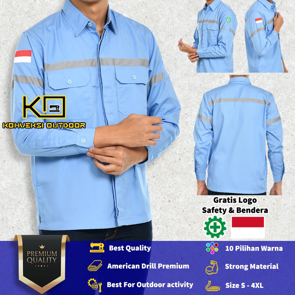 BAJU KEMEJA SAFETY WEARPACK K3 OUTDOOR PREMIUM LENGAN PANJANG - Seragam Proyek Pria Kerja Lapangan Bangunan Tambang Alat Berat PLN Enginer Instalasi Mesin Warepack Werpak Werpack Warepak Warpack Warpak Teknisi scotlet Warna Biru Muda Konveksi Outdoor