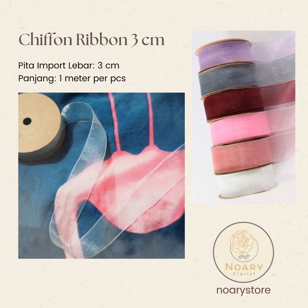 Chiffon Ribbon 3 CM  / Pita Satin / Ribbon / Pita Import / Pita Bunga / Pita Kado / Pita Chiffon / Pita Termurah / Flower Ribbon / Florist Ribbon / Pita / Pita Grosir / Pita Besar Kecil Medium / Satin / OPP / Pita Tarik / Florist supply