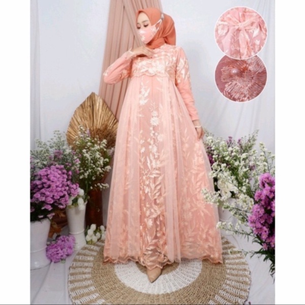 Jual gamis aulia tulle bordir/gamis maxi dress wanita muslimah modern - rose gold M Murah