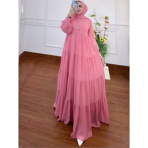 Serena Dress Kondangan Gamis Dewasa Ceruty Babydoll Baju Wanita Jumbo Gaun Pesta Muslimah Busui Friendly Ootd Kekinian