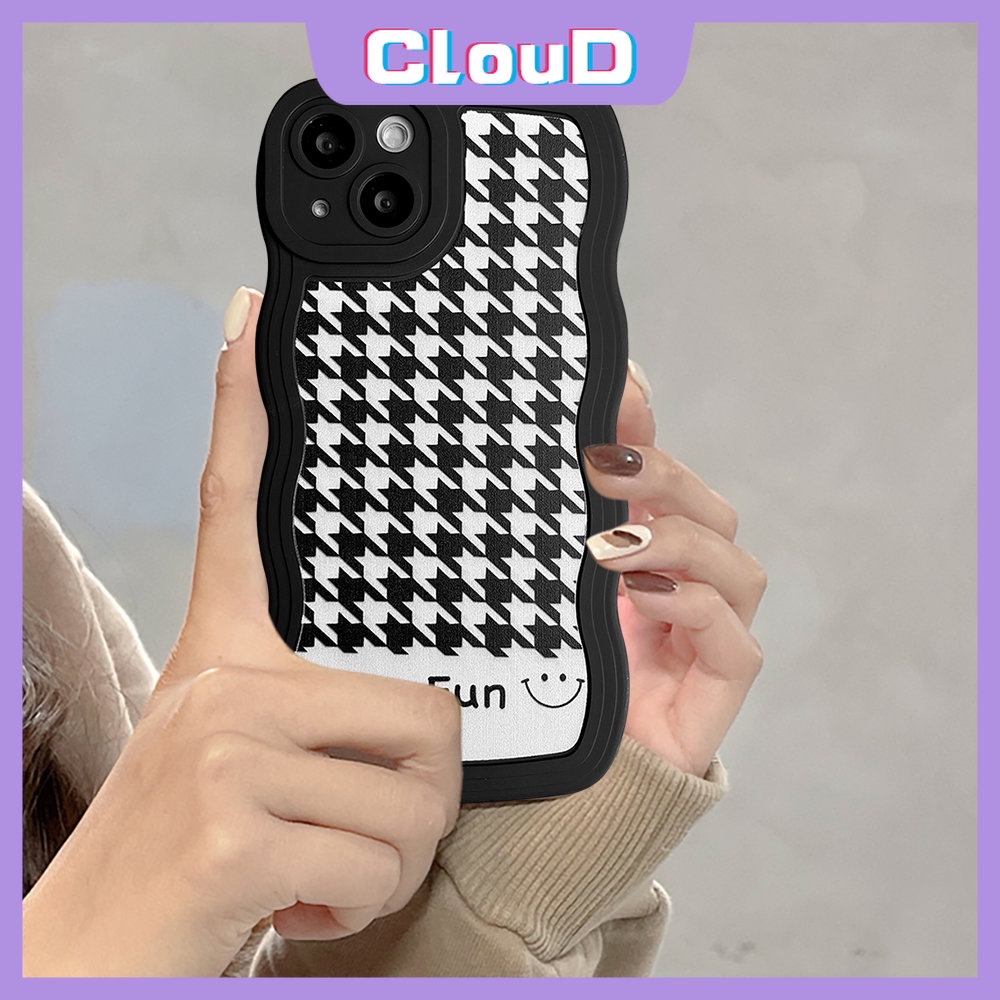 Casing Cute Smiley Soft Tpu Case Redmi Note11 11s 9pro 9s 10s 10 Note 11 10 Pro Max Plus Note8 Note9 Redmi A1 9 10 9T 10A 10C 9A 9C NFC Motif Houndstooth Wavy Edge Black Cover